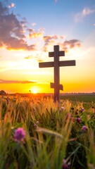 Rustic wooden cross at sunset over a field