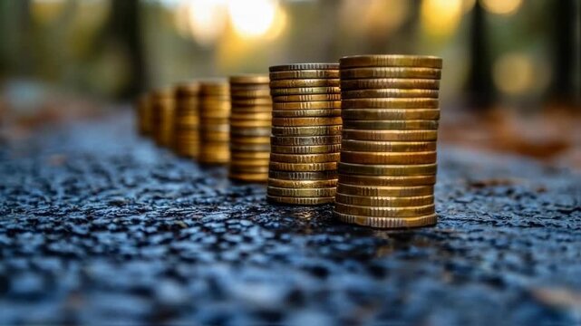 Dynamic Tracking Shot Along Growing Stacks of Golden Coins in a Sunlit Forest Path