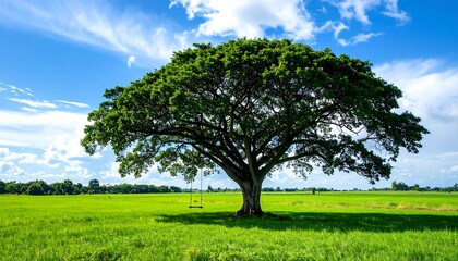 Obraz premium Lush Tree in a Rice Paddy Field