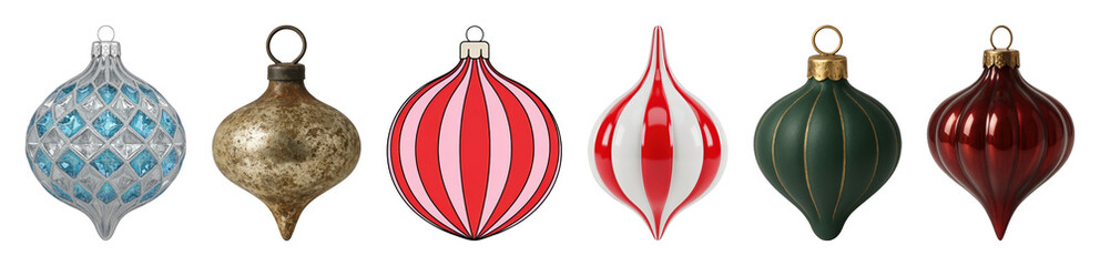 Christmas ornament set including classic, modern, striped, and textured designs isolated. Festive holiday decoration collection.