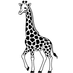 Naklejka premium Giraffe walking gracefully in a simple black and white illustration showcasing its unique spots and tall neck