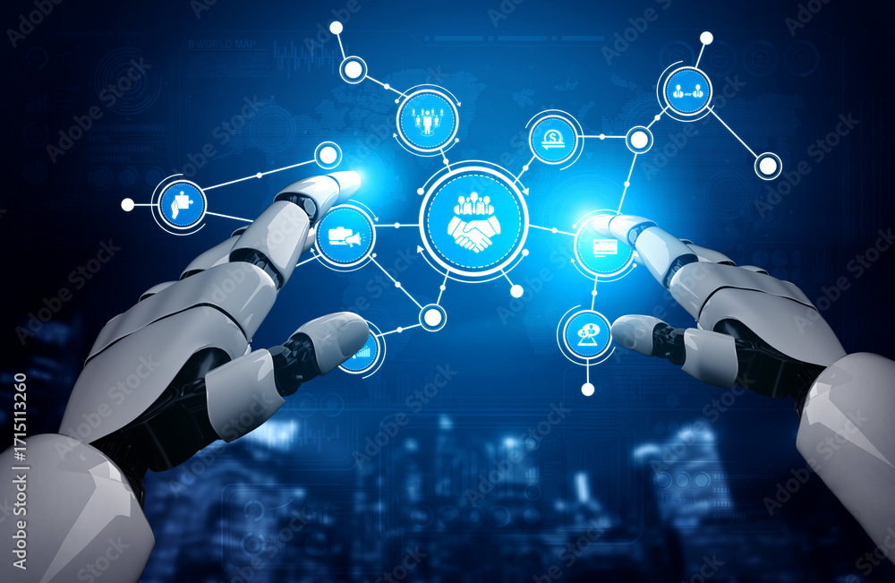 Aufkleber futuristic robot hands interacting with digital network, representing data connection, technology, i