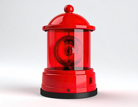 A vibrant red cylindrical beacon with a clear glass enclosure, showcasing a red light source within, sits on a black base against a neutral backdrop