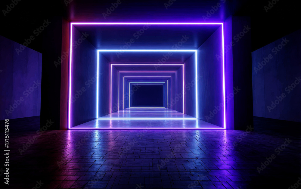 Aufkleber neon-lit tunnel with multiple glowing rectangular frames in a dark room