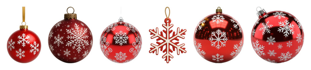 Red Christmas ornaments set including glossy baubles and snowflake designs isolated. Festive holiday decoration collection.