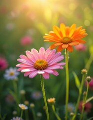 Two daisies, pink and orange, bloom in a sunlit meadow. Soft bokeh background with green and yellow hues. Focus on flora, petals, and summer season beauty. Inspirational nature scene.