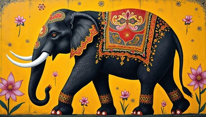 Obraz premium Graceful elephant in traditional Madhubani Bharni style, adorned with lotus decorations, embodies serenity, wisdom. Intricate artwork from India, symbolizing cultural heritage, ancient traditions.