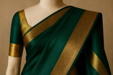 Elegant green silk saree with golden zari border – traditional Indian ethnic fashion textile close-up