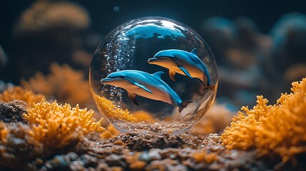 Dolphins in a glass sphere over coral reef