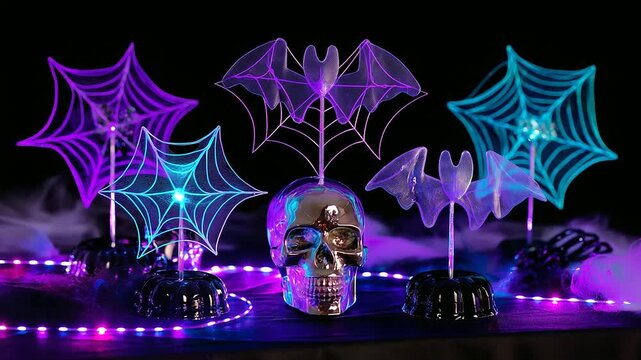 Dramatic Halloween tablescape featuring neon purple and electric blue lighting illuminating classic gothic elements. Black velvet table runner adorned with glowing LED spider webs
