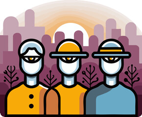 three robots wearing yellow shirts and hats standing side by side against a background of a city skyline
