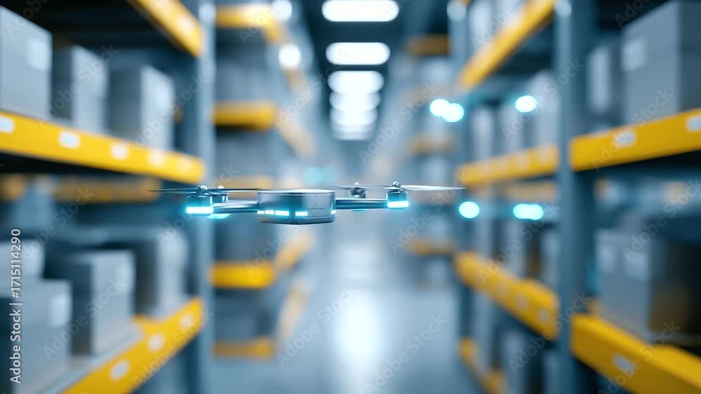 Poster futuristic warehouse automation with autonomous mobile robots navigating between towering shelves. l