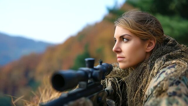 Female military snipers in ghillie suits positioned on elevated terrain precision rifles with advanced optics camouflage netting blending with natural environment tactical