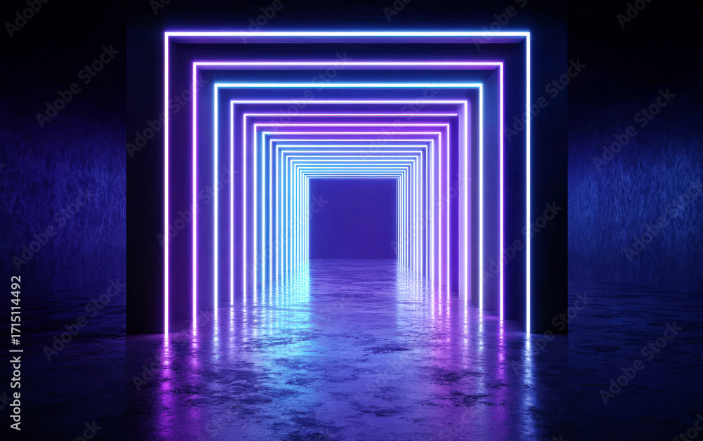 Poster a series of neon light frames forming a tunnel in a dark environment