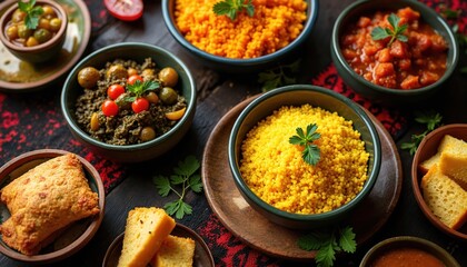 Kwanzaa celebration table laden with vibrant African cuisine, traditional dishes. Featuring colorful couscous, savory stews, hearty baked goods, festive meal embodies community, heritage, family