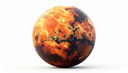 A digitally rendered terrestrial planet, predominantly orange and brown, with darker, almost black, river-like formations, set against a stark white background