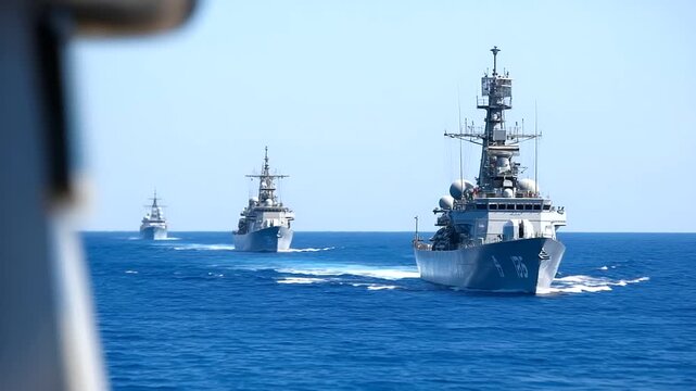 Joint naval exercise featuring multiple allied nations' maritime forces conducting coordinated security operations. Professional military bearing and international cooperation demo