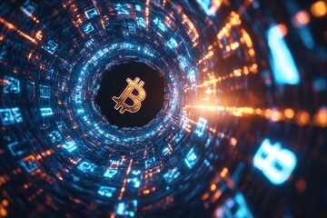 Visual representation of cryptocurrency world showing bright bitcoin symbol in a digital tunnel surrounded by glowing data streams