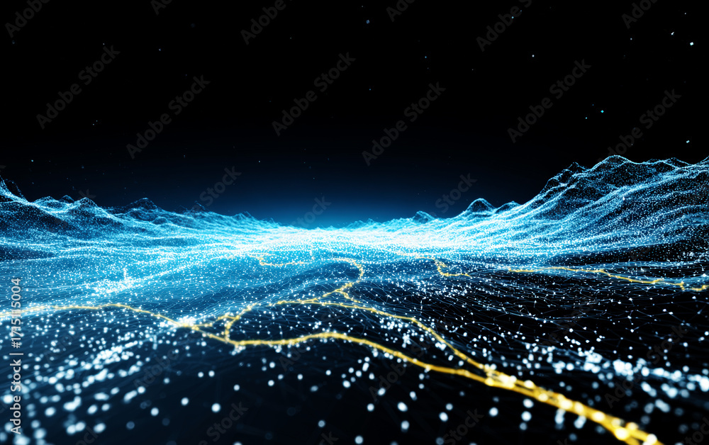 Poster abstract digital landscape with glowing lines and interconnected points