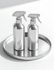 Obraz premium Two sleek, silver metal spray bottles rest on a circular, reflective tray, illuminated by soft, diffused light