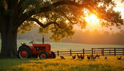 Tranquil farm landscape at sunset with vintage tractor, chickens grazing in golden hour light. Rustic countryside scene evokes peaceful serenity. Mature tree provides shade over grassy meadow with