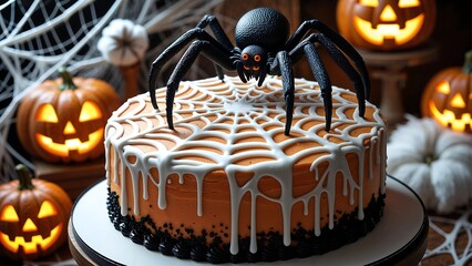 Halloween cake topped with spider web frosting and scary black spider 