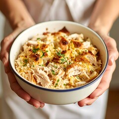 Person holding a bowl of chicken and rice