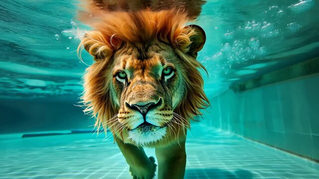 Lion Underwater: Majestic lion swims with regal poise and power underwater, capturing the awe-inspiring sight of this powerful creature in an unusual aquatic environment. 