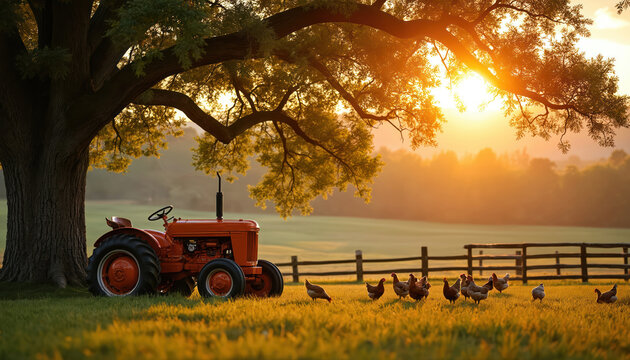 Tranquil farm landscape at sunset with vintage tractor, chickens grazing in golden hour light. Rustic countryside scene evokes peaceful serenity. Mature tree provides shade over grassy meadow with