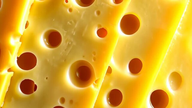 Swiss Cheese Close-Up: A detailed close-up captures the texture and pattern of Swiss cheese slices, revealing its iconic holes and a vibrant yellow hue, appetizing visual of a classic dairy product.