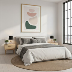 mock up poster frame in modern interior background, bedroom, Scandinavian style, 3D render, 3D illustration