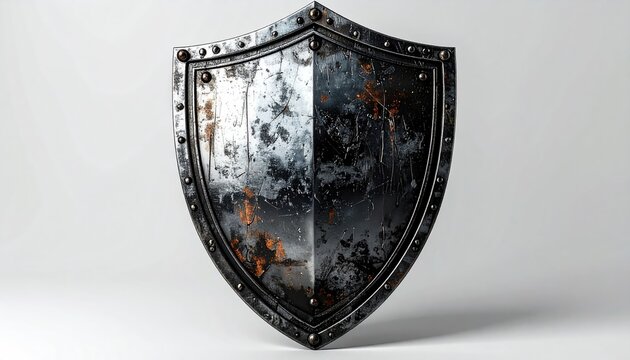 A weathered, dark metal shield with a slightly pointed bottom, bordered by rivets and showing signs of rust and wear against a plain background