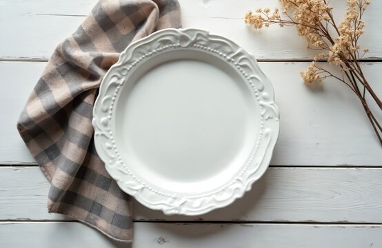 Rustic kitchen scene featuring empty white plate, checked cloth napkin on white wooden table. Dried flowers add decorative touch. Blank mockup perfect for food blogs, recipe cards, restaurant