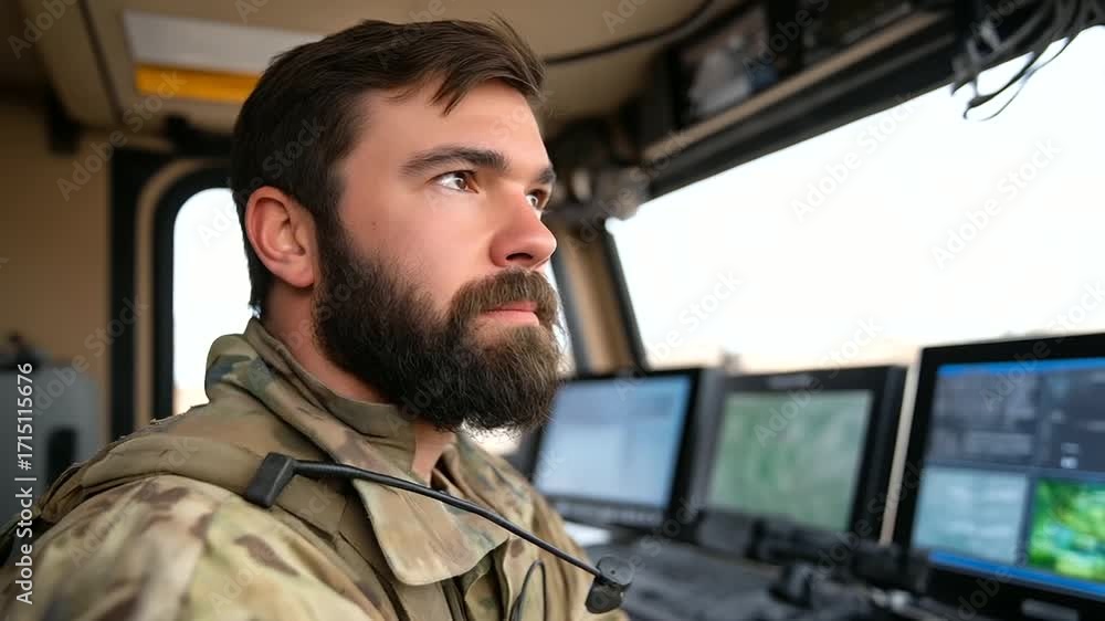 Poster professional military drone operator in tactical gear controlling an advanced uav from a mobile comm