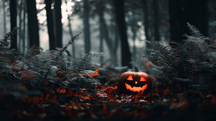 A pumpkin with a smiley face on it is sitting in a forest