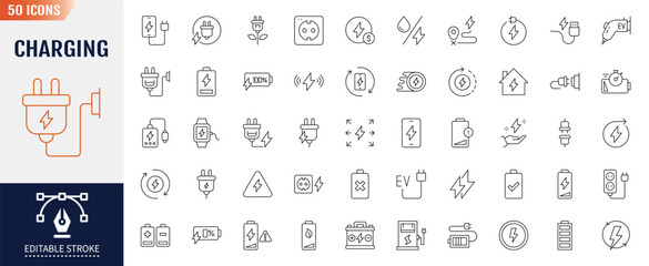 Charging Line Icons set. Containing battery, energy, charger, and more. Editable stroke. Vector illustration