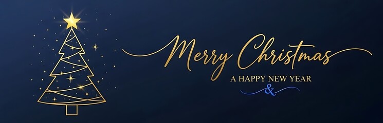 Naklejka premium Elegant merry christmas and happy new year banner with golden christmas tree and starry background
