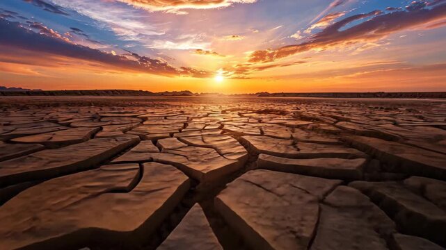 Sunset Over Cracked Earth: A mesmerizing landscape showcases parched earth under a vibrant sky, illuminated by a setting sun, a symbol of resilience, adaptation, and the planet's beauty.