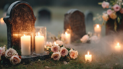 A cemetery with a headstone and a grave marker