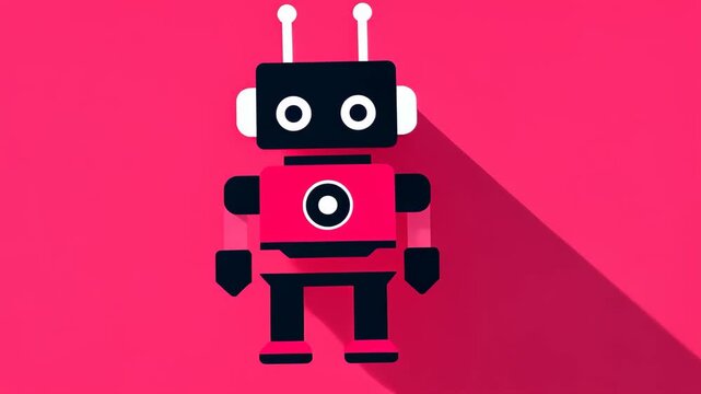 Cute Robot Icon: A charming cartoon robot with a retro aesthetic, striking a pose on a striking backdrop, is designed to captivate and appeal to viewers across different ages.