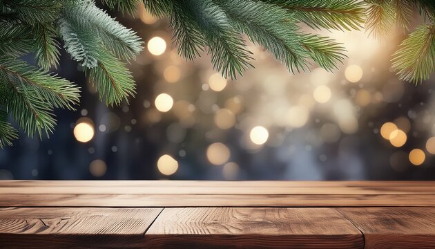 Festive Winter Backdrop Featuring Pine Tree Limbs On A Wooden Table
