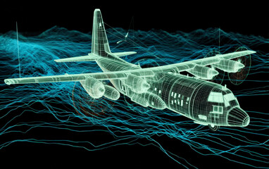 3D Wireframe Model of an Aircraft with Blue Traces