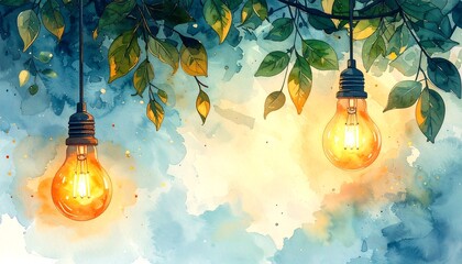 Illuminating Leaves: Watercolor Light Bulb Illustration