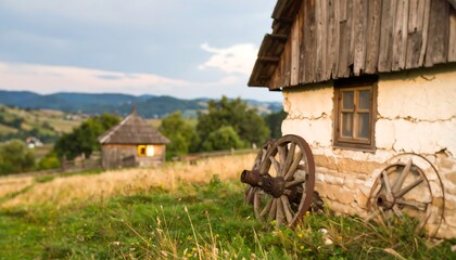Rustic wooden house and wagon wheel in a rural landscape