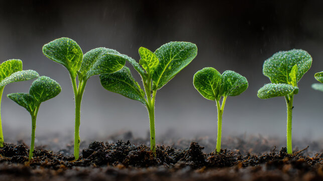 Young green plants emerging from dark soil with droplets of water gening on their leaves under soft lighting during a gentle rain in a natural setting