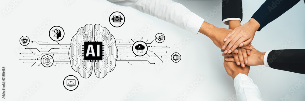 Poster this image depicts hands joining in a collaborative effort, symbolizing teamwork in artificial intel