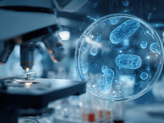 Microscope focusing on glass petri dish with bacteria, digital overlays visualizing molecular structures and scientific data, laboratory environment illuminated with blue tones.