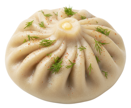 Authentic Georgian Khinkali Dumpling with Pleated Top, Fresh Dill Garnish and Paprika Seasoning, Isolated on Transparent and White Background