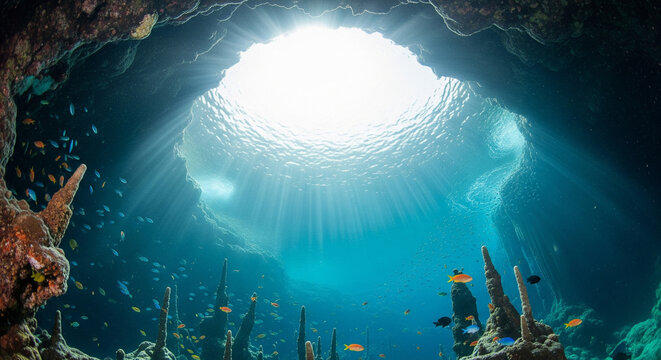 Underwater cave with sunlight rays and vibrant coral reef ecosystem, scuba diving - Powered by Adobe