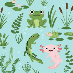 Naklejka premium A vibrant and whimsical illustration featuring a happy frog, a green newt, and a pink axolotl swimming amongst aquatic plants and lily pads.